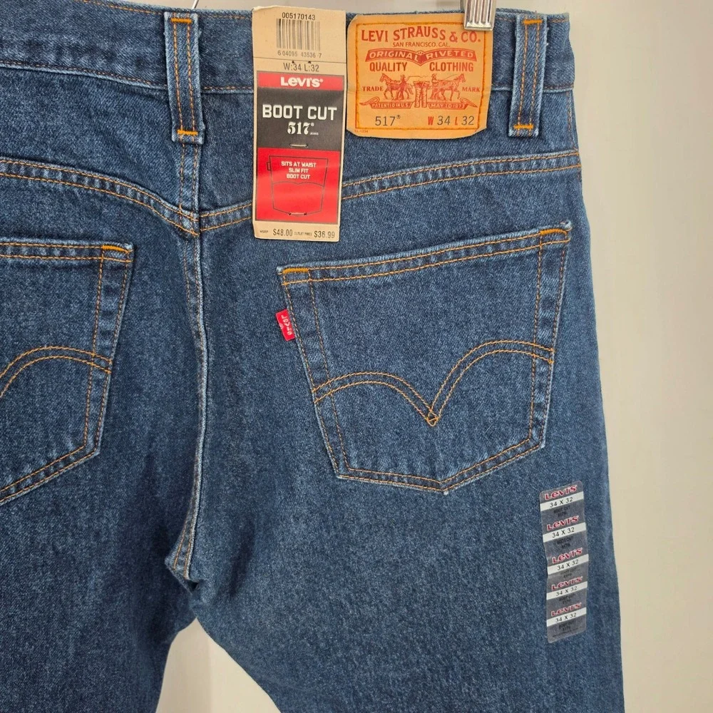 NEW Y2K Levis 517 Bootcut Jeans Mens 34x32 Dark Blue Wash Slim Fit Deadstock NWT